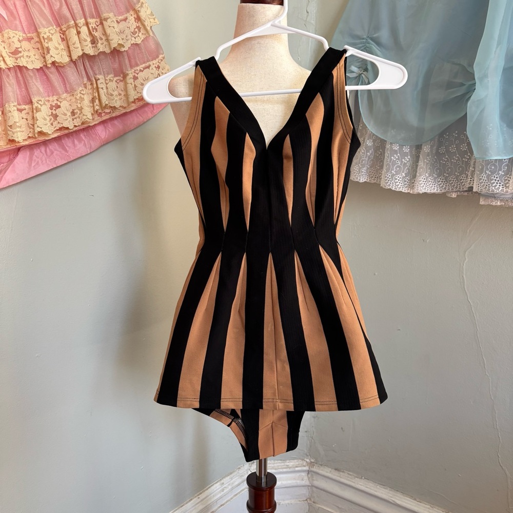 60s Vintage Black and Tan Striped One Piece Swimsuit Retro Style Made In France